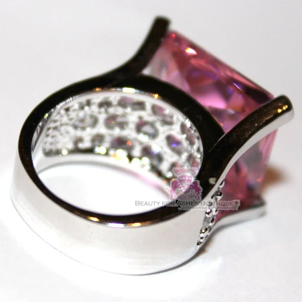 Rectangle Pink Tourmaline Ice Cz Chunky Cubic Zirconia Glam Cocktail Ring Size 7